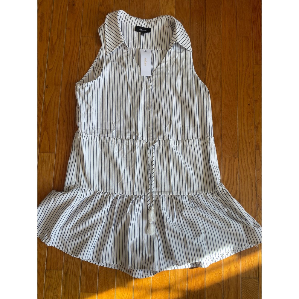 AAKAA Romper Womens Medium White Striped Tassel Collared‎ Buttons Sleeveless